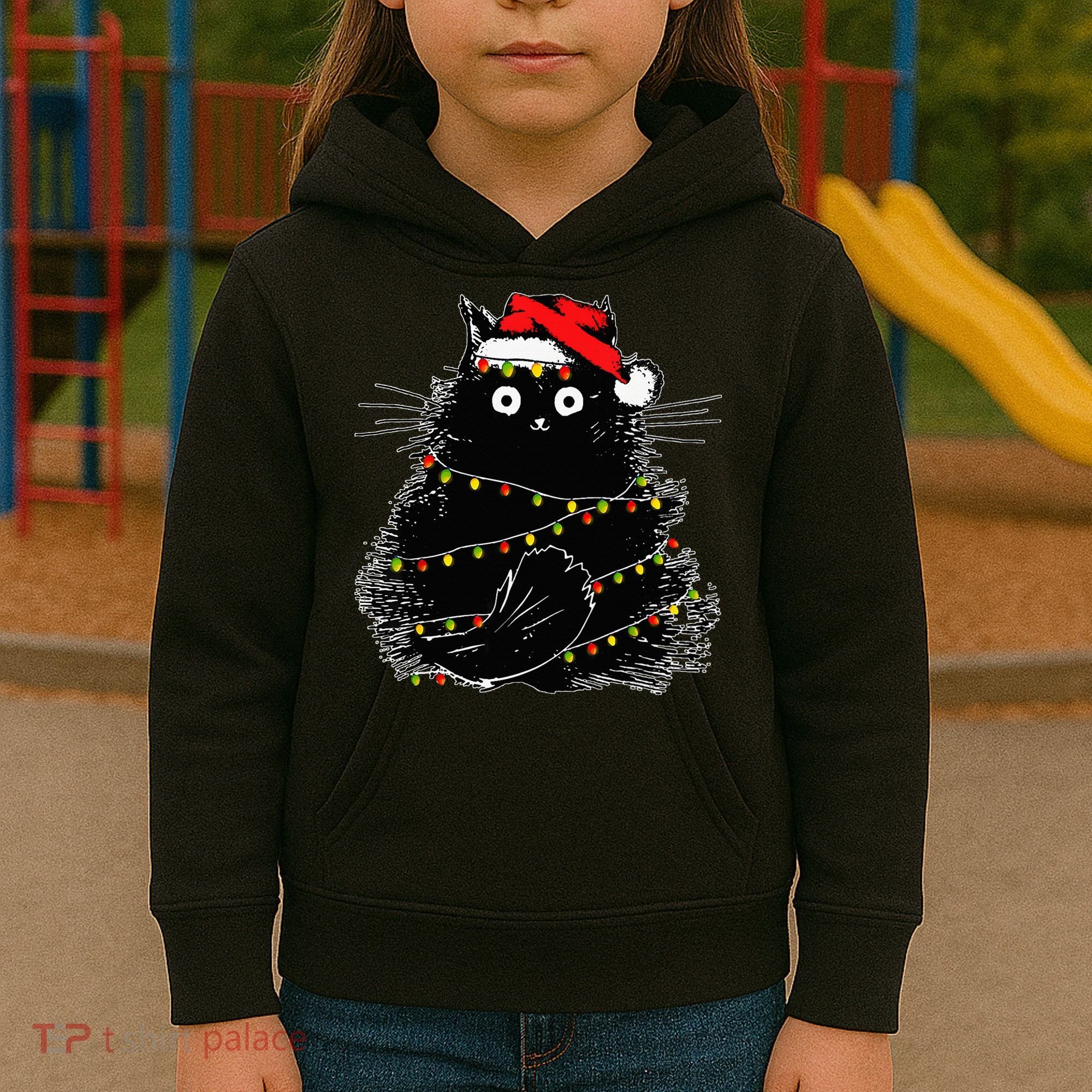 Santa Black Cat Tangled Up In Christmas Tree Lights Holiday Kids Hoodie