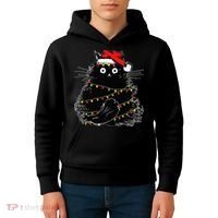 Santa Black Cat Tangled Up In Christmas Tree Lights Holiday Kids Hoodie thumb 4