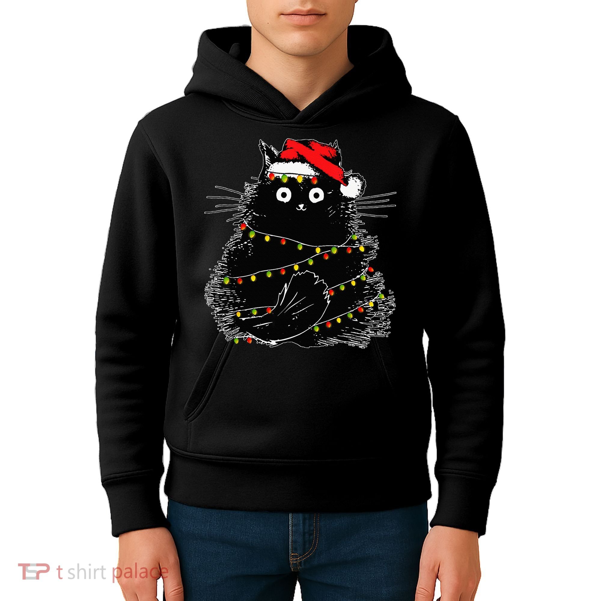 Santa Black Cat Tangled Up In Christmas Tree Lights Holiday Kids Hoodie