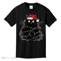 Santa Black Cat Tangled Up In Christmas Tree Lights Holiday Kids T-Shirt thumb 0