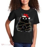 Santa Black Cat Tangled Up In Christmas Tree Lights Holiday Kids T-Shirt thumb 2