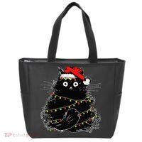 Santa Black Cat Tangled Up In Christmas Tree Lights Holiday Tote Bag thumb 0