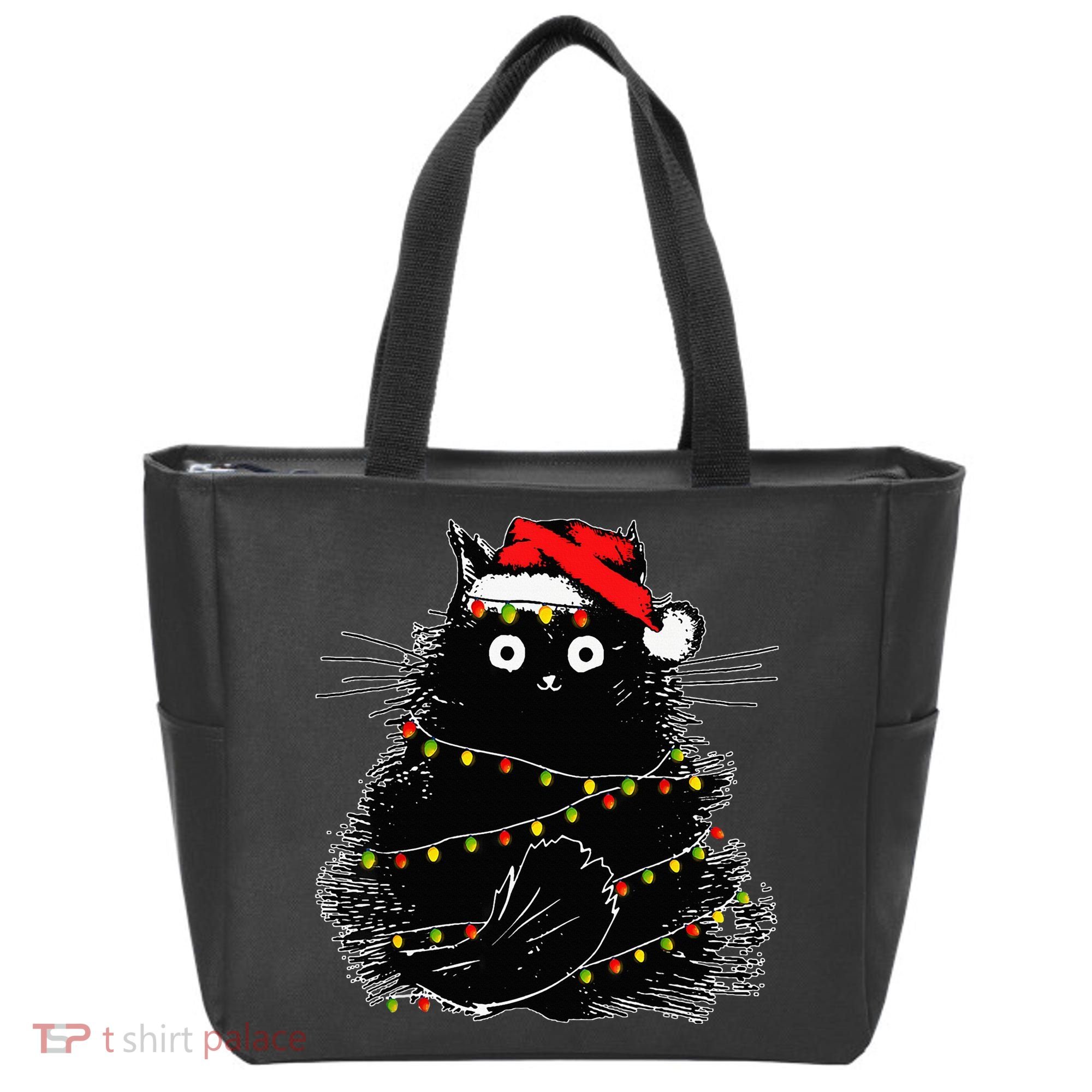 Santa Black Cat Tangled Up In Christmas Tree Lights Holiday Tote Bag