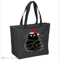 Santa Black Cat Tangled Up In Christmas Tree Lights Holiday Tote Bag thumb 2