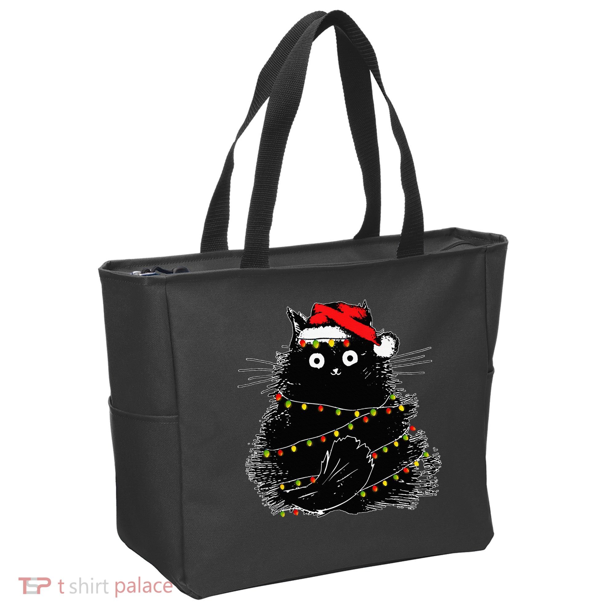 Santa Black Cat Tangled Up In Christmas Tree Lights Holiday Tote Bag