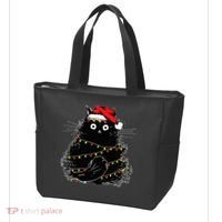 Santa Black Cat Tangled Up In Christmas Tree Lights Holiday Tote Bag thumb 3