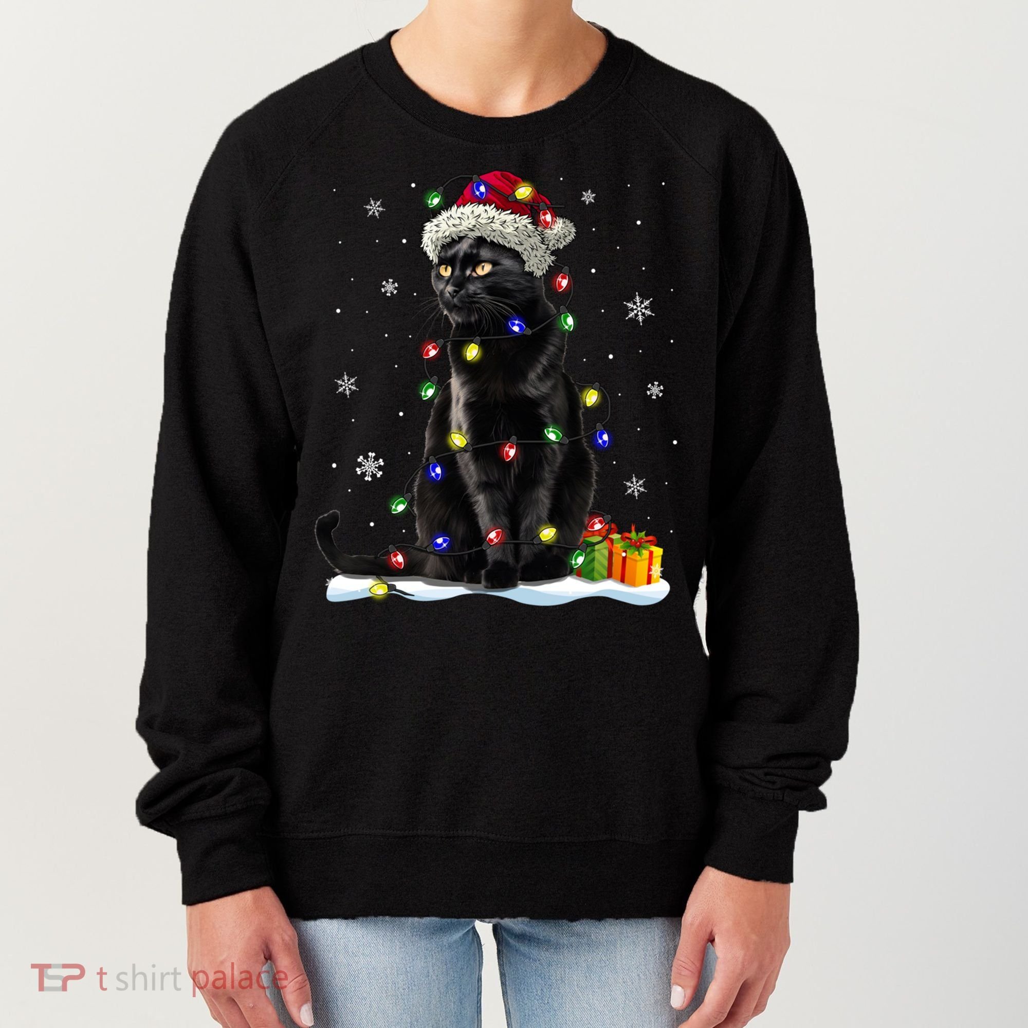 Santa Black Cat Tangled Up In Christmas Tree Lights Holiday Great Gift Women's Sweatshirt