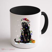 Santa Black Cat Tangled Up In Christmas Tree Lights Holiday Great Gift Coffee Mug thumb 1