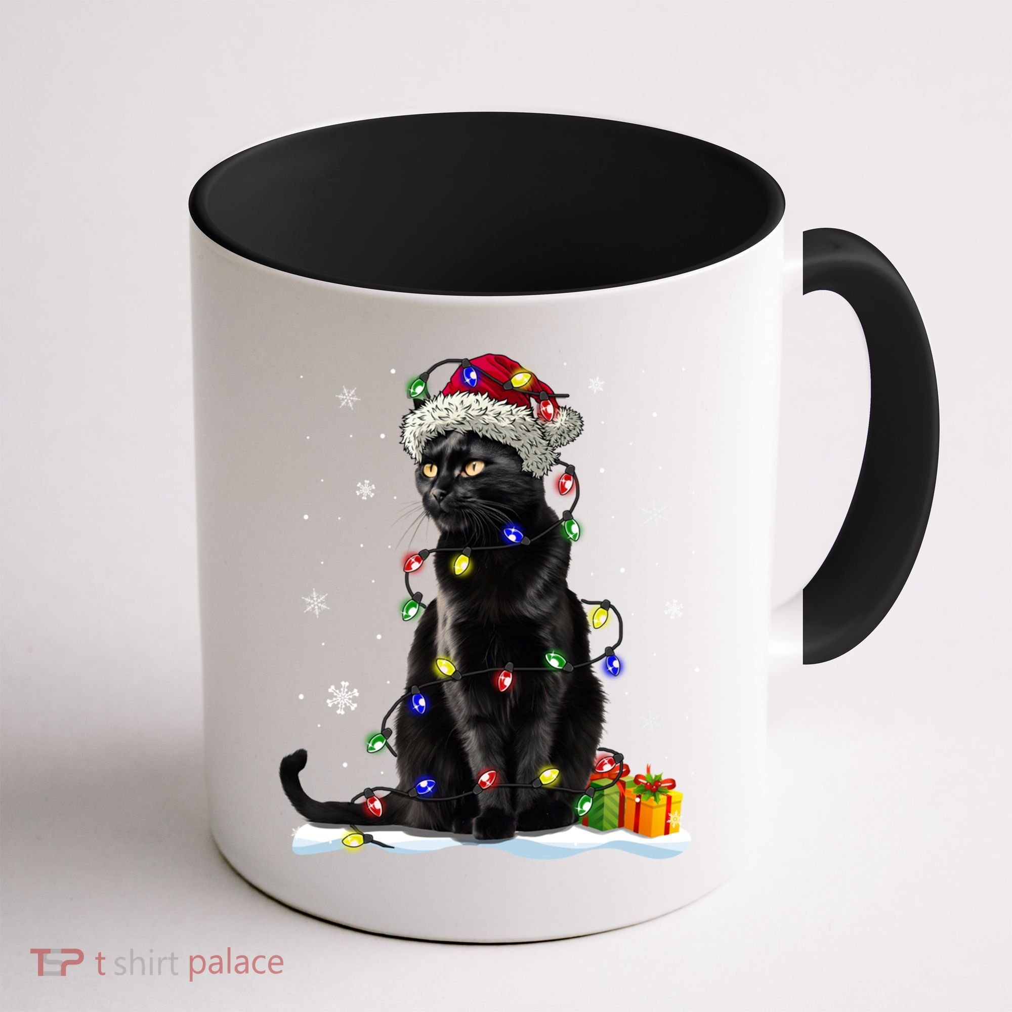 Santa Black Cat Tangled Up In Christmas Tree Lights Holiday Great Gift Coffee Mug