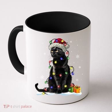 Santa Black Cat Tangled Up In Christmas Tree Lights Holiday Great Gift Coffee Mug