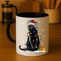 Santa Black Cat Tangled Up In Christmas Tree Lights Holiday Great Gift Coffee Mug thumb 4