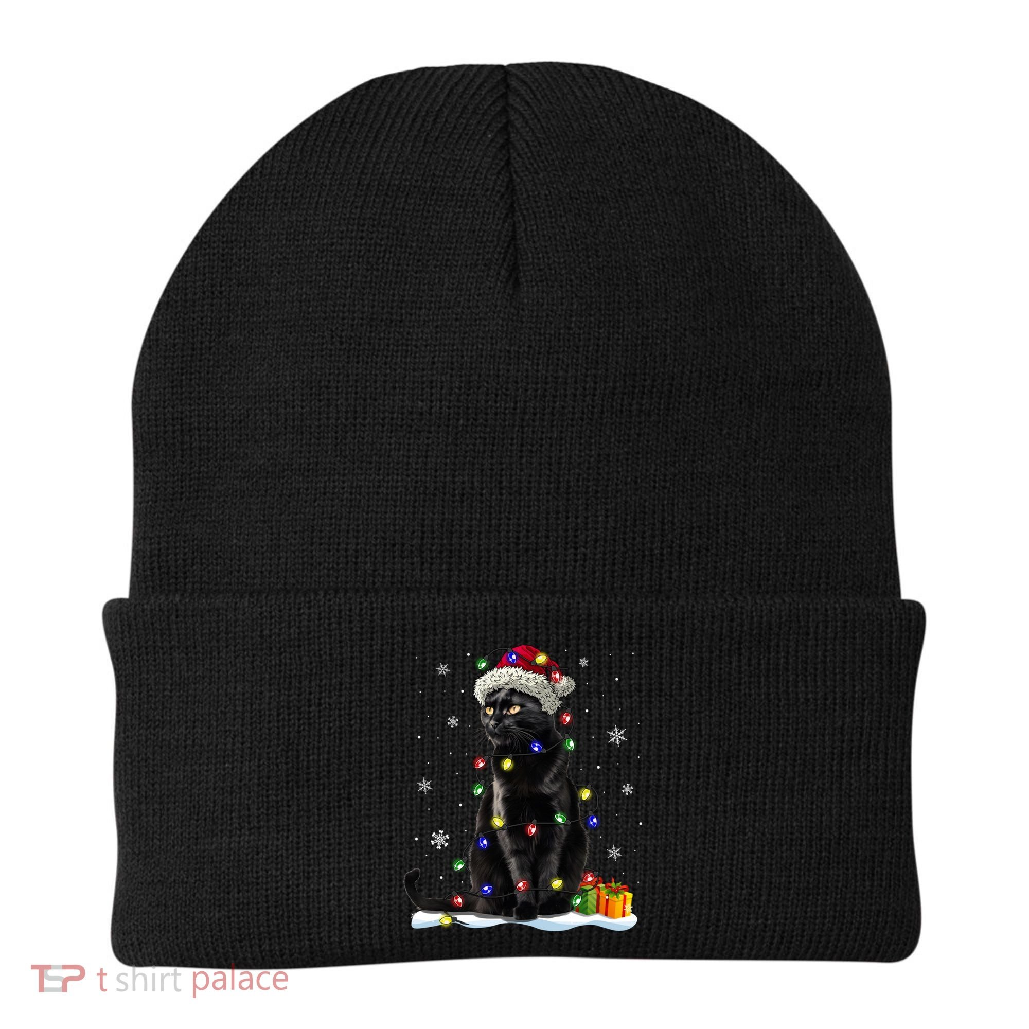 Santa Black Cat Tangled Up In Christmas Tree Lights Holiday Great Gift Beanie