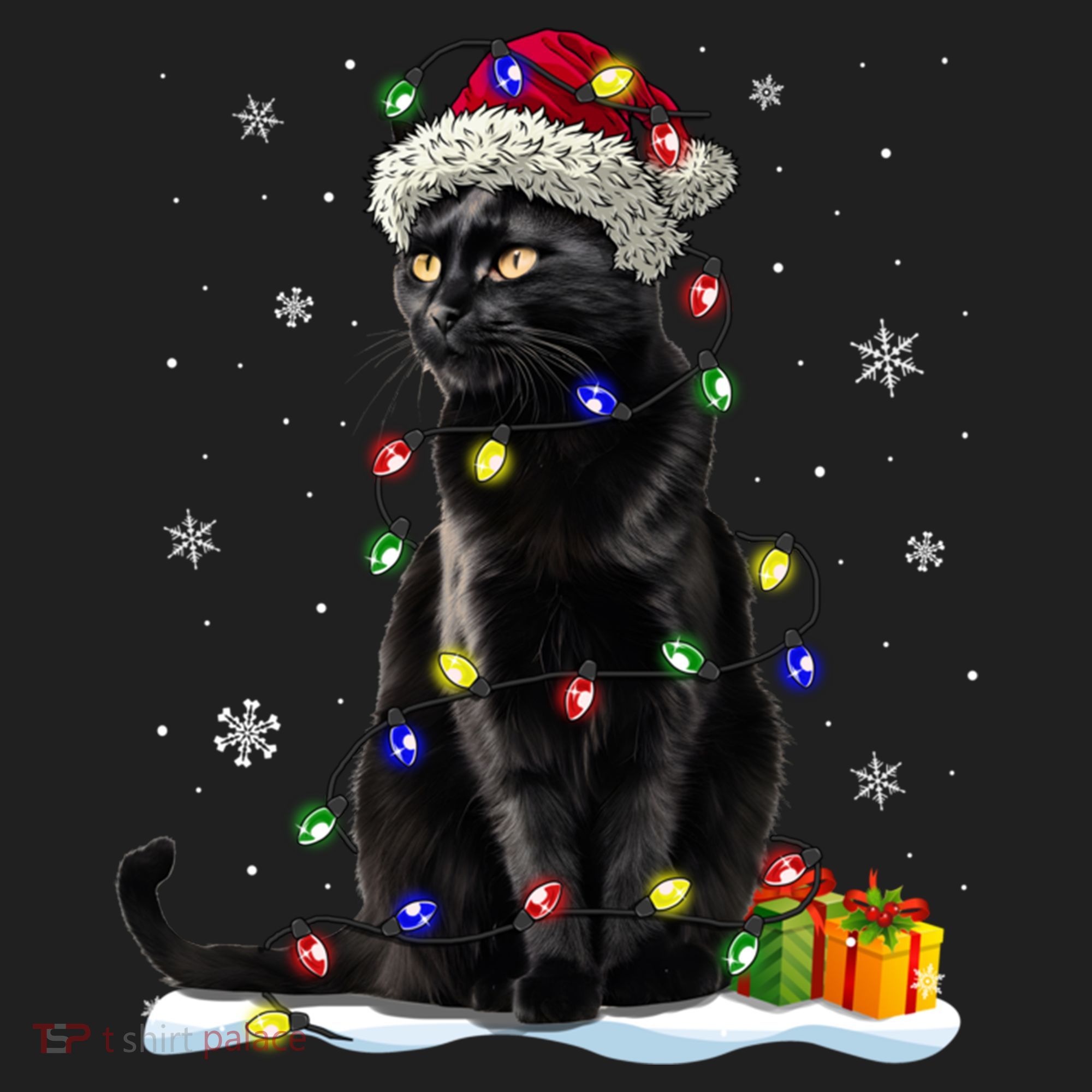 Santa Black Cat Tangled Up In Christmas Tree Lights Holiday Great Gift Beanie