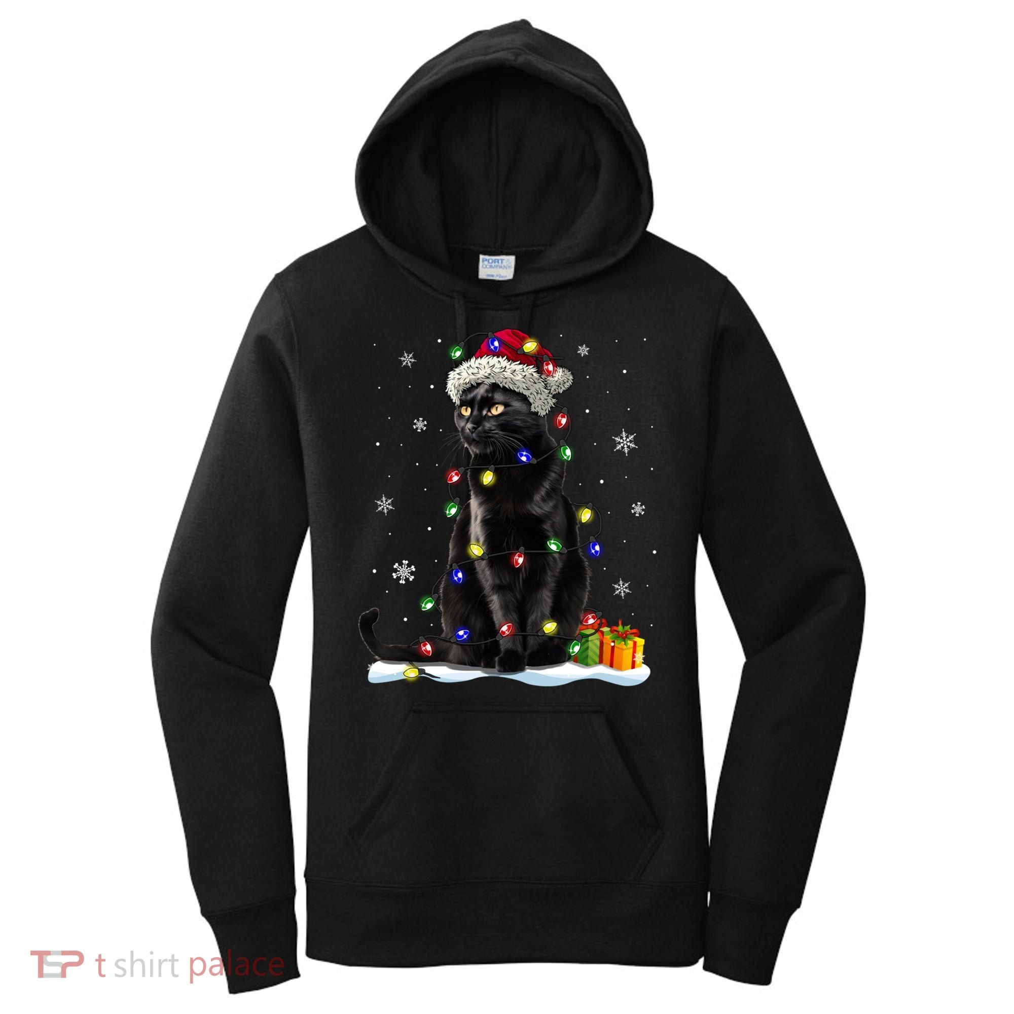 Santa Black Cat Tangled Up In Christmas Tree Lights Holiday Great Gift Women's Hoodie