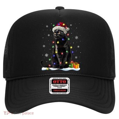 Santa Black Cat Tangled Up In Christmas Tree Lights Holiday Great Gift Hat