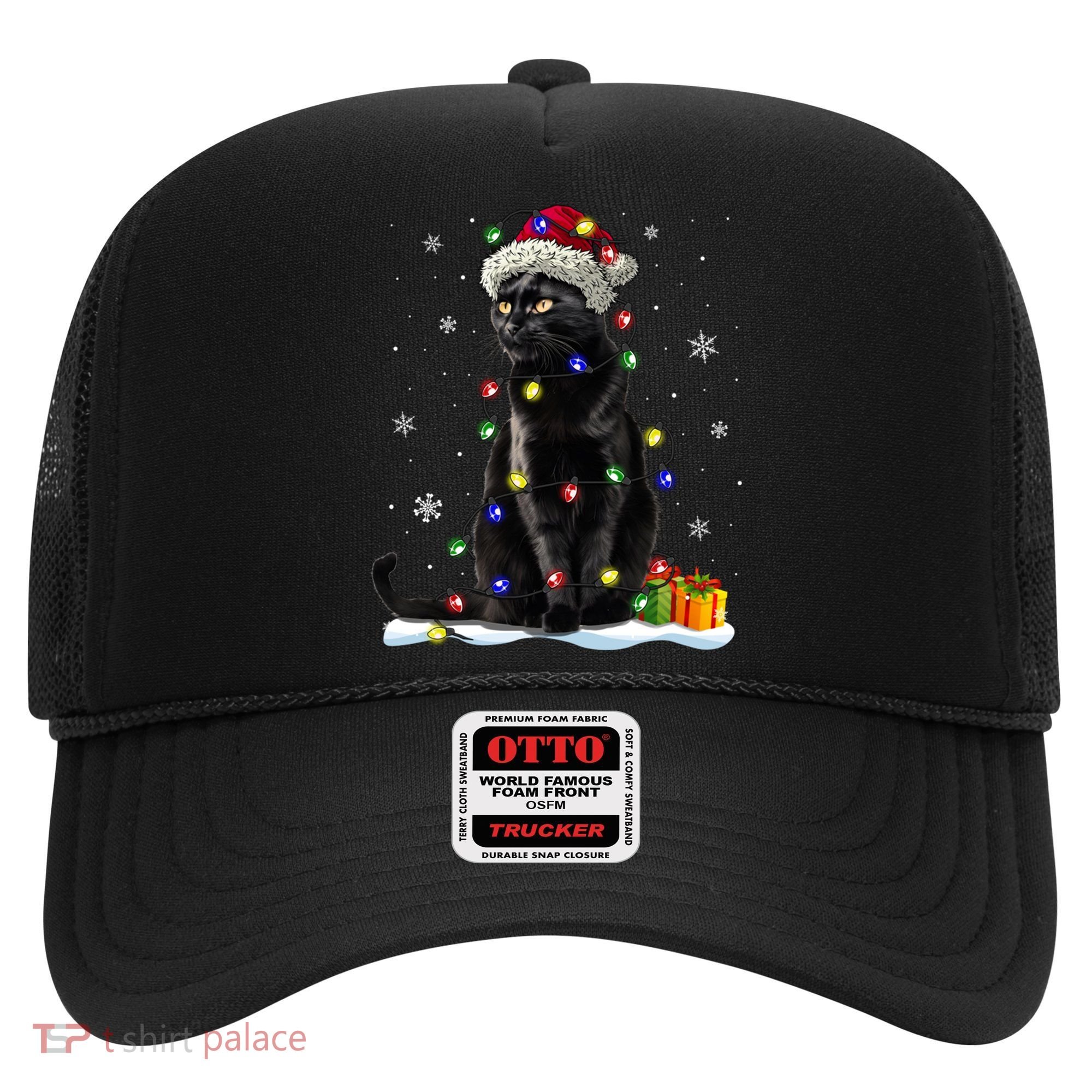 Santa Black Cat Tangled Up In Christmas Tree Lights Holiday Great Gift Hat