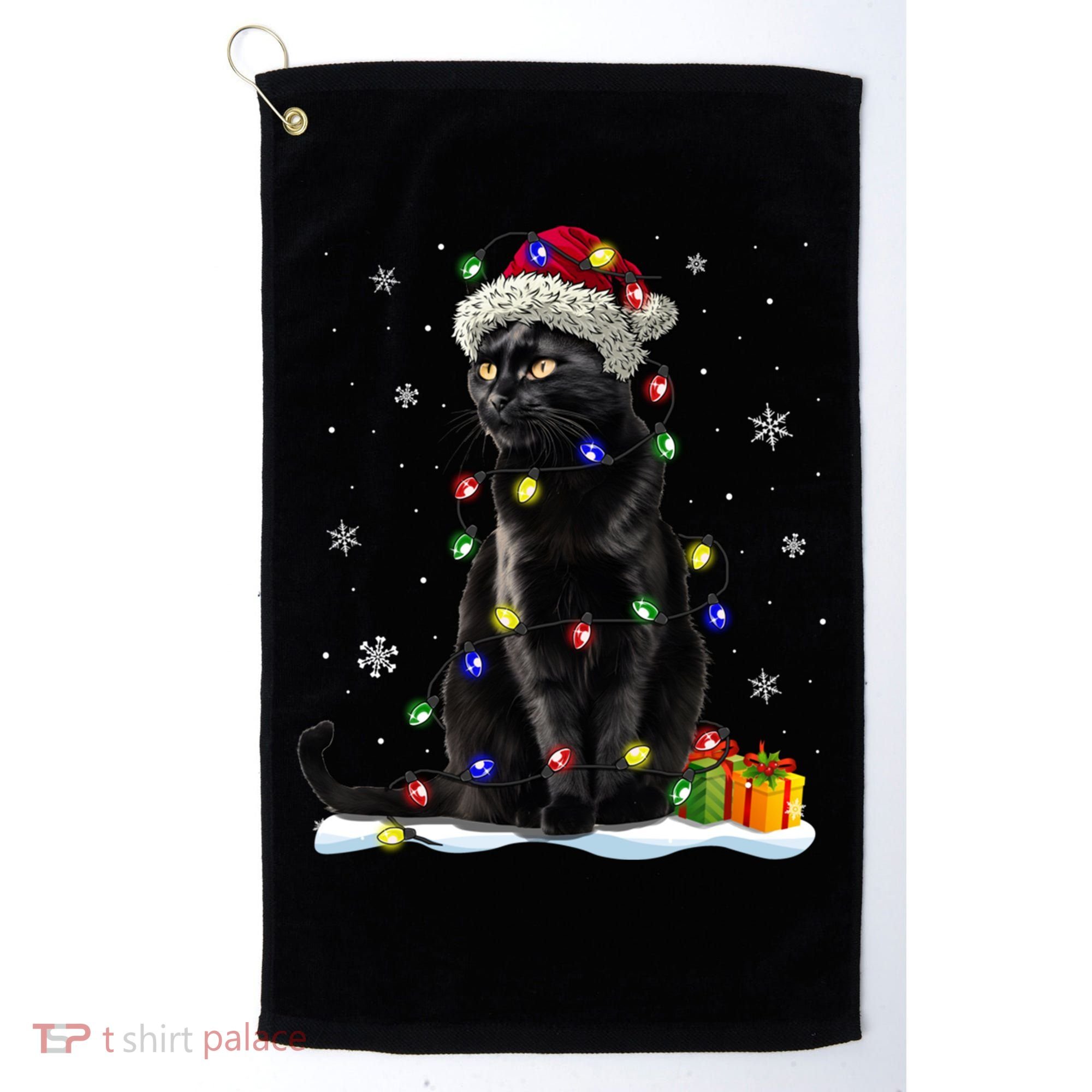 Santa Black Cat Tangled Up In Christmas Tree Lights Holiday Great Gift Golf Towel