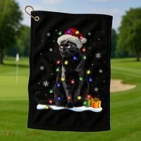 Santa Black Cat Tangled Up In Christmas Tree Lights Holiday Great Gift Golf Towel thumb 1