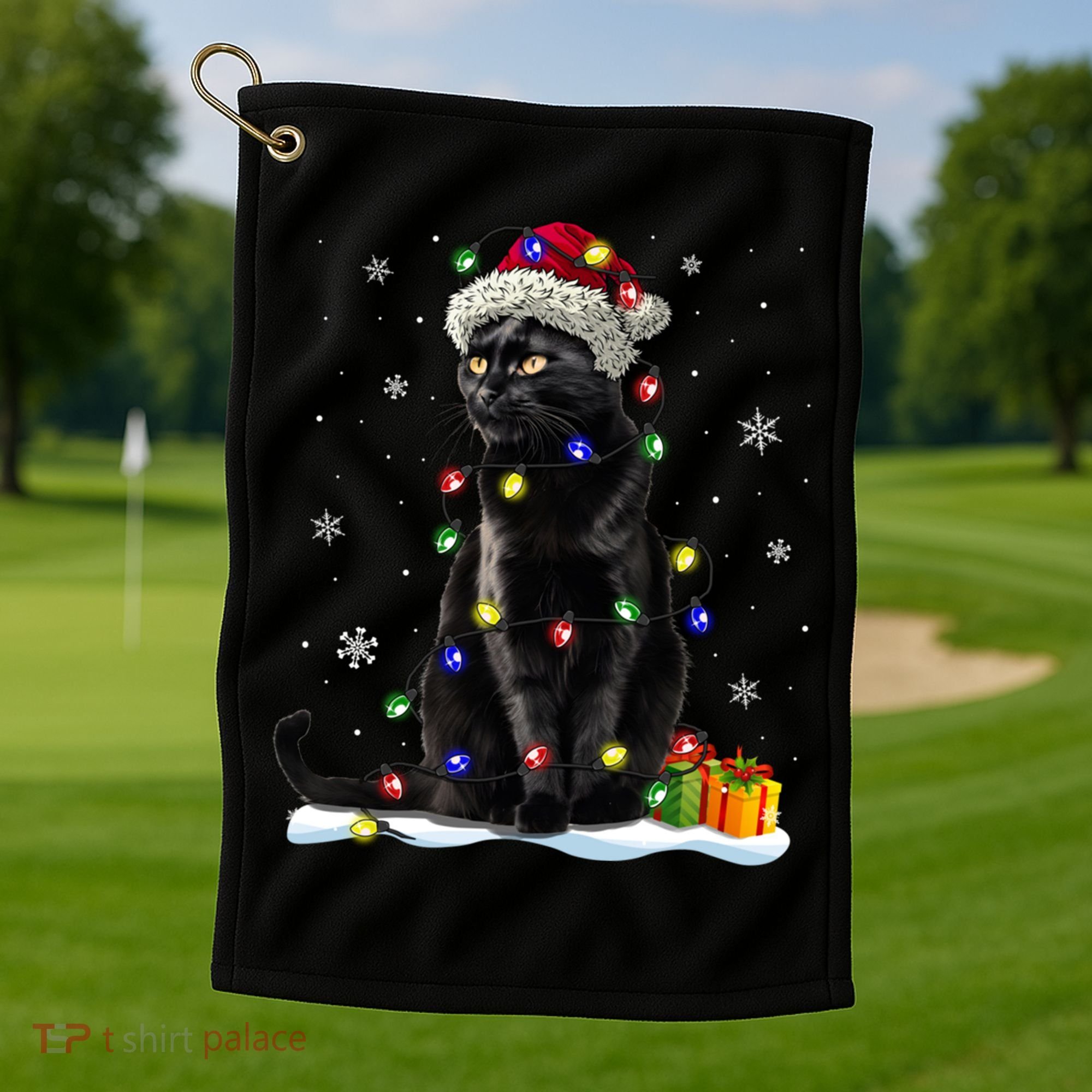 Santa Black Cat Tangled Up In Christmas Tree Lights Holiday Great Gift Golf Towel