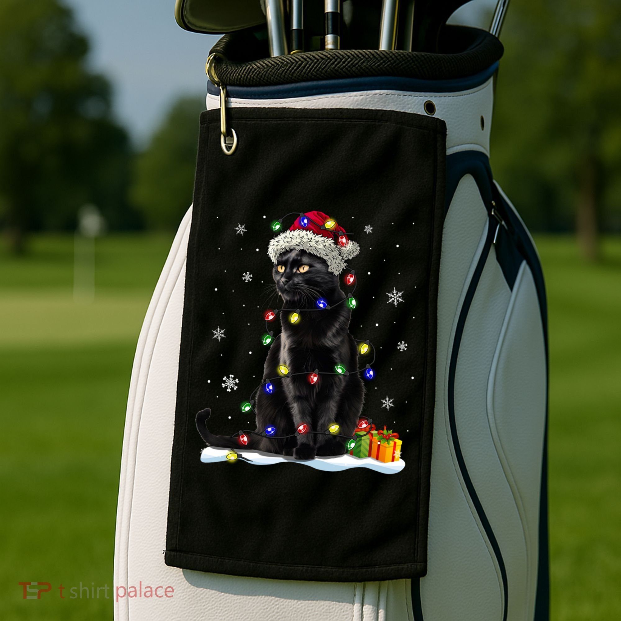 Santa Black Cat Tangled Up In Christmas Tree Lights Holiday Great Gift Golf Towel