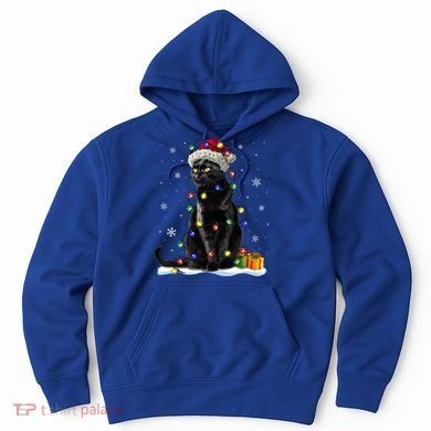 Santa Black Cat Tangled Up In Christmas Tree Lights Holiday Great Gift Hoodie