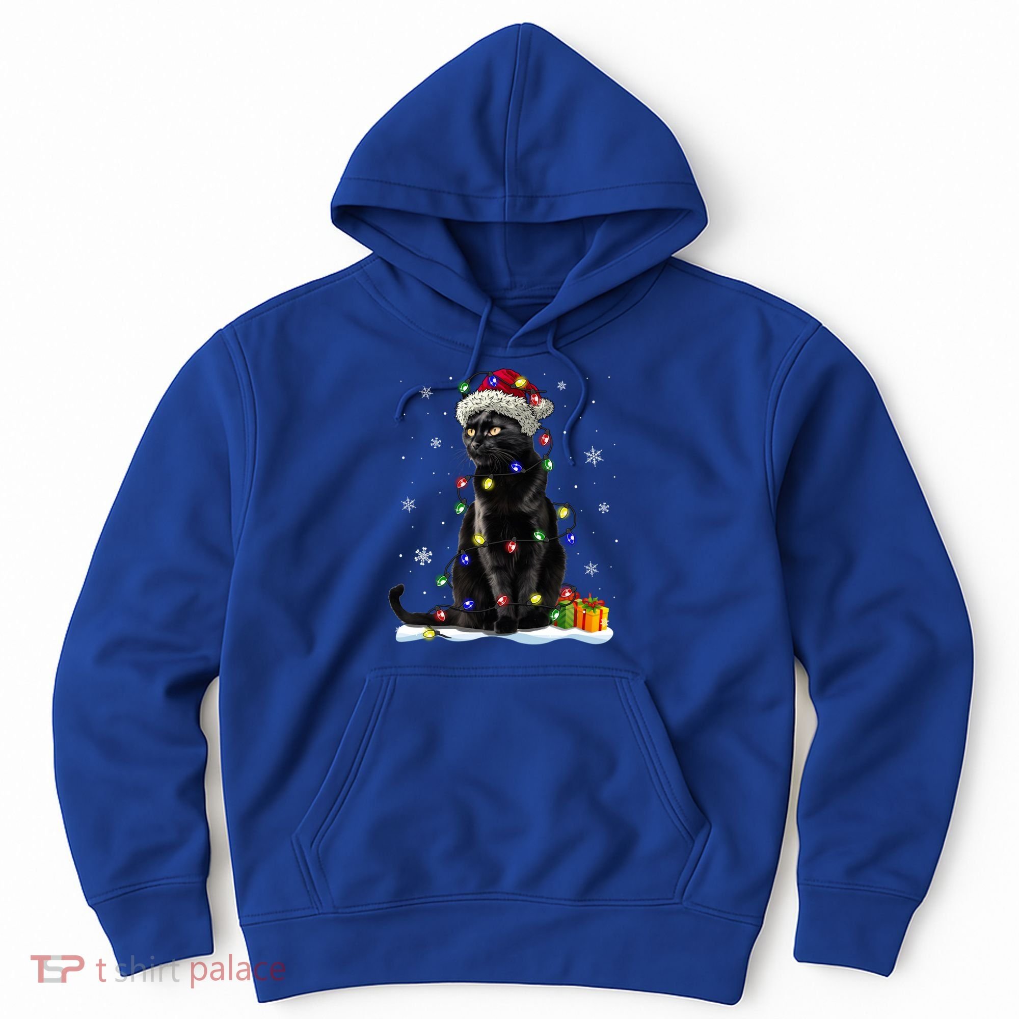 Santa Black Cat Tangled Up In Christmas Tree Lights Holiday Great Gift Hoodie
