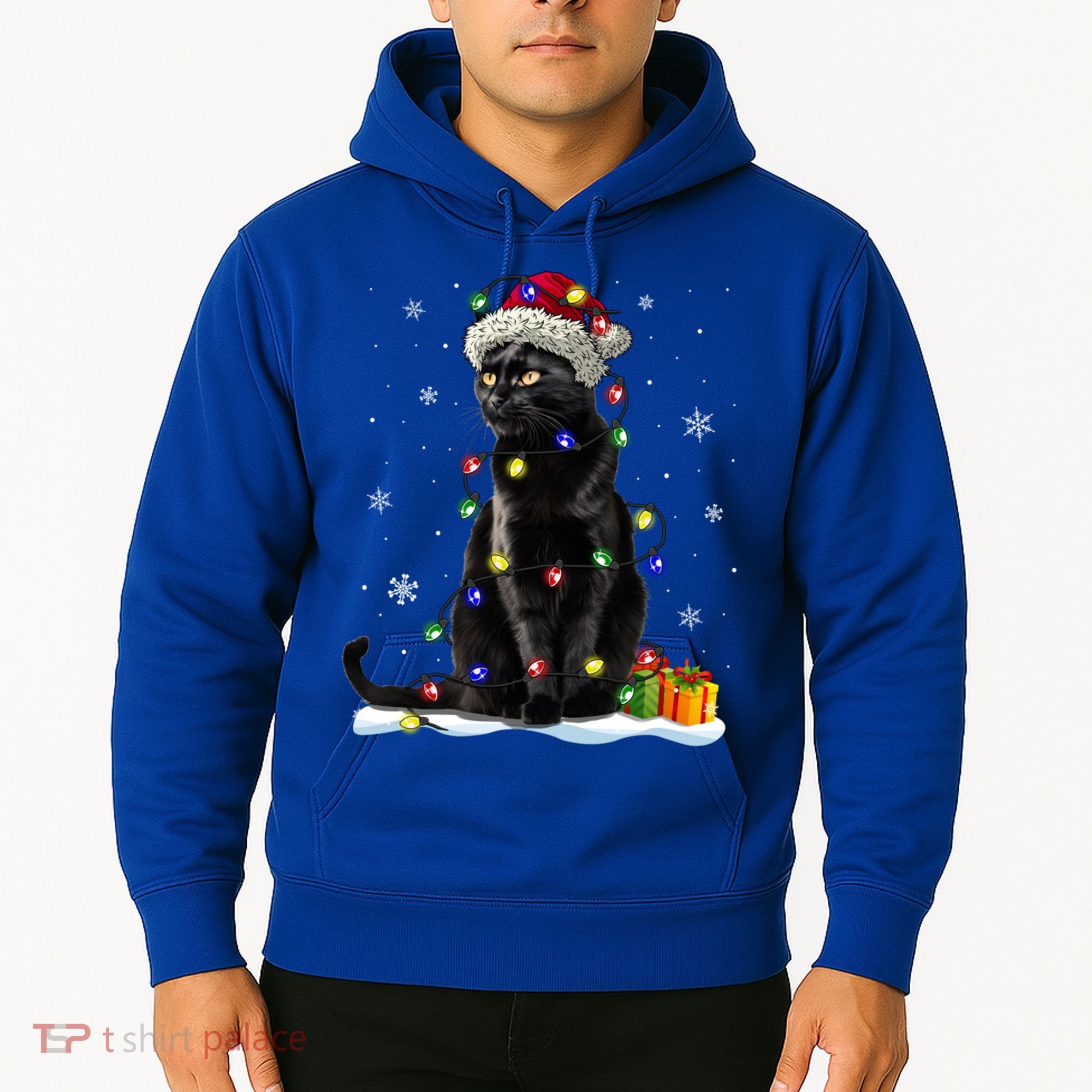 Santa Black Cat Tangled Up In Christmas Tree Lights Holiday Great Gift Hoodie