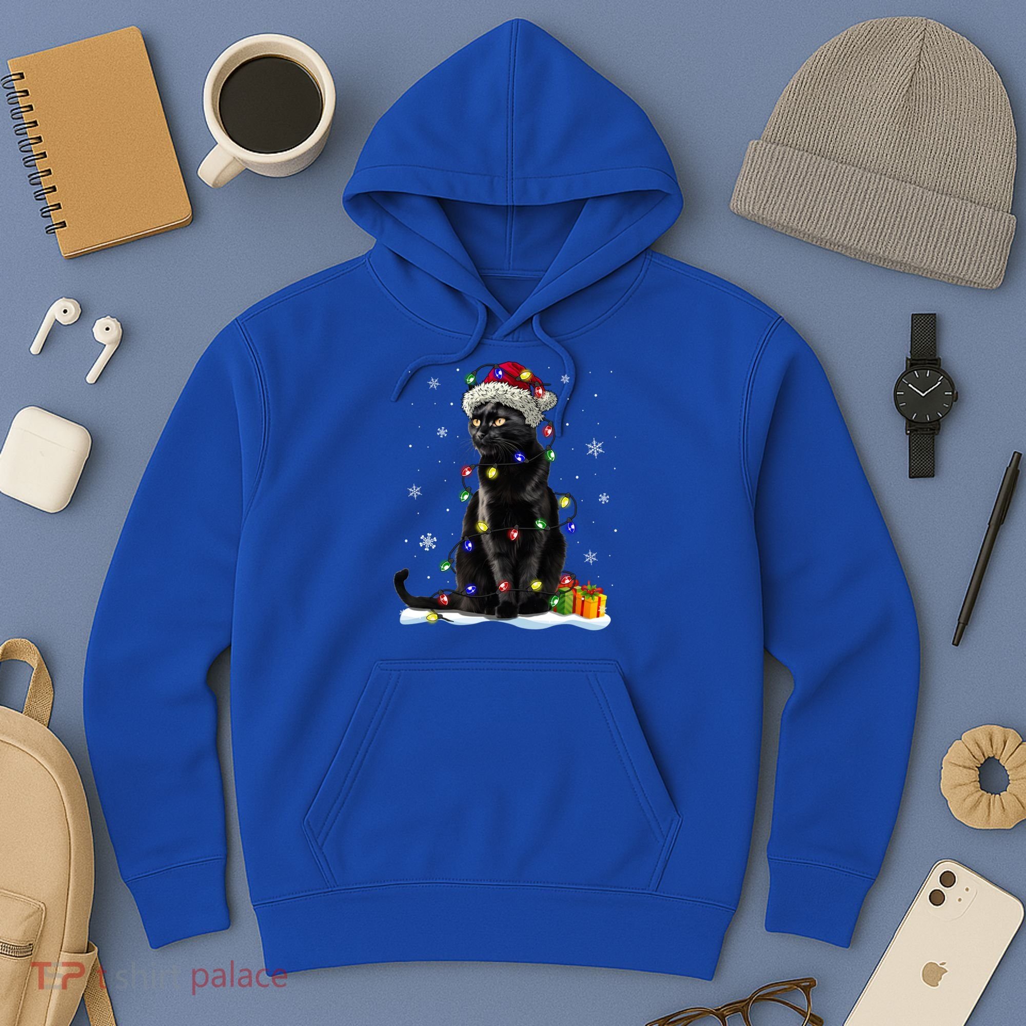Santa Black Cat Tangled Up In Christmas Tree Lights Holiday Great Gift Hoodie