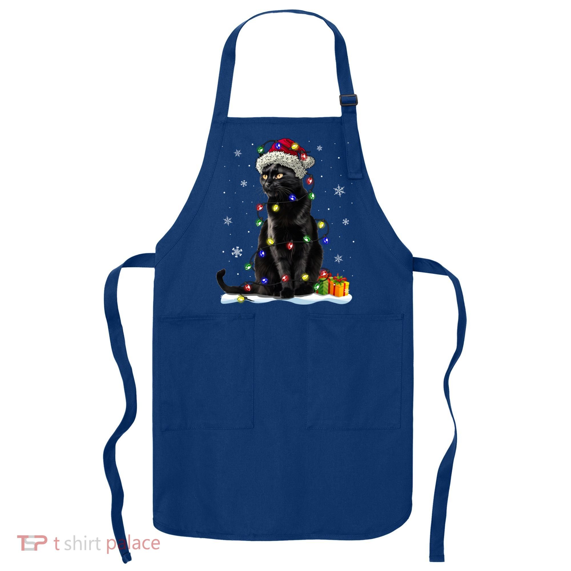 Santa Black Cat Tangled Up In Christmas Tree Lights Holiday Great Gift Apron