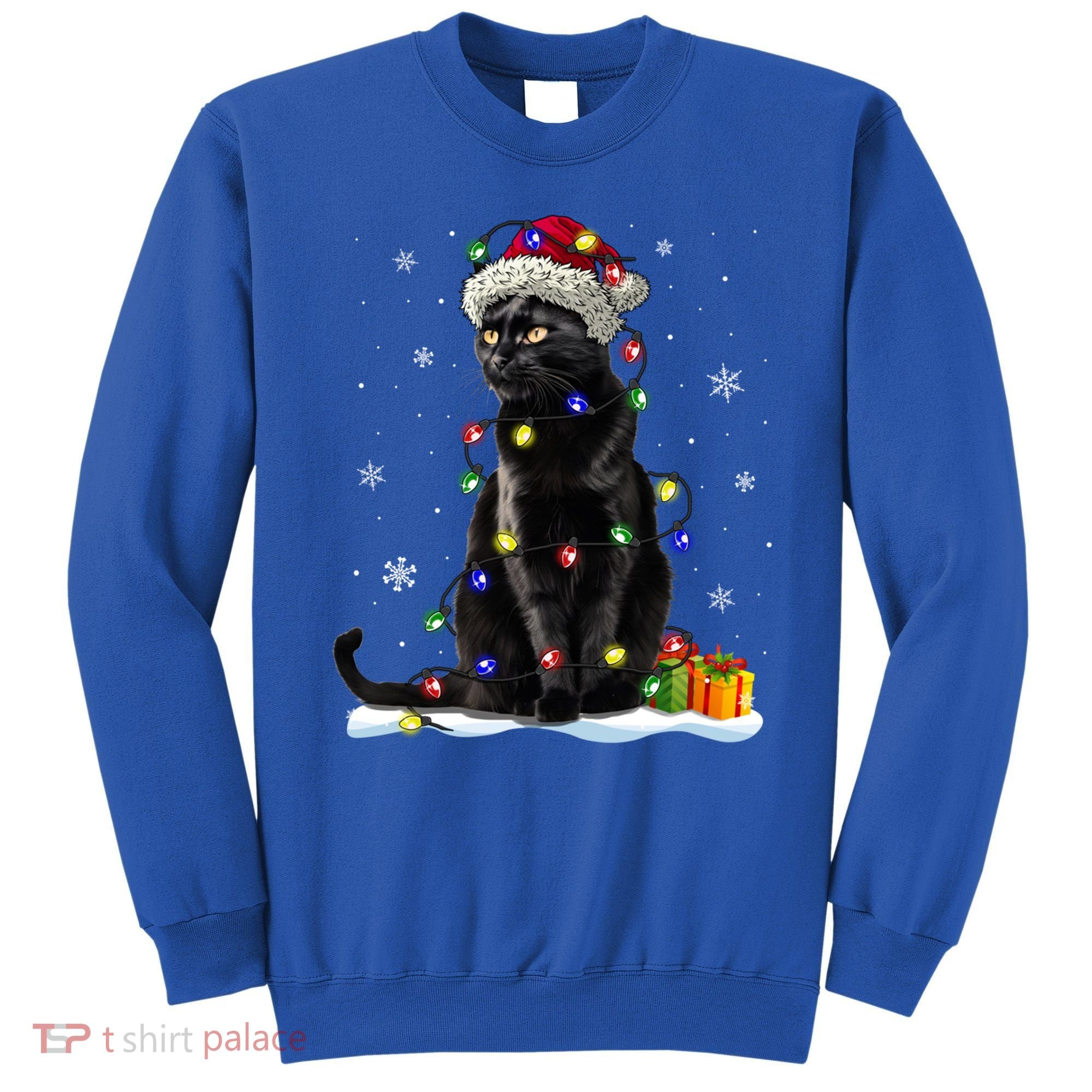 Santa Black Cat Tangled Up In Christmas Tree Lights Holiday Great Gift Sweatshirt