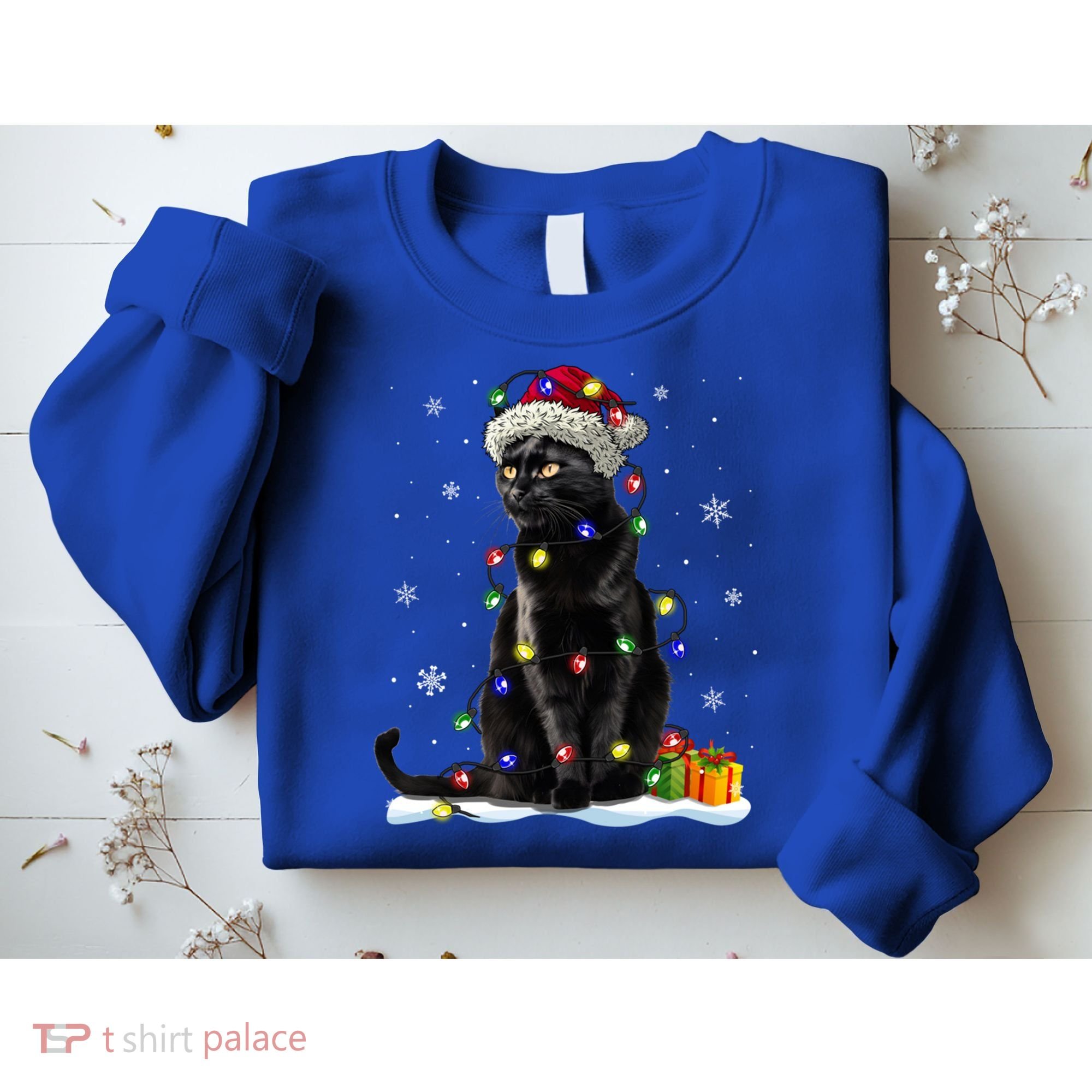 Santa Black Cat Tangled Up In Christmas Tree Lights Holiday Great Gift Sweatshirt