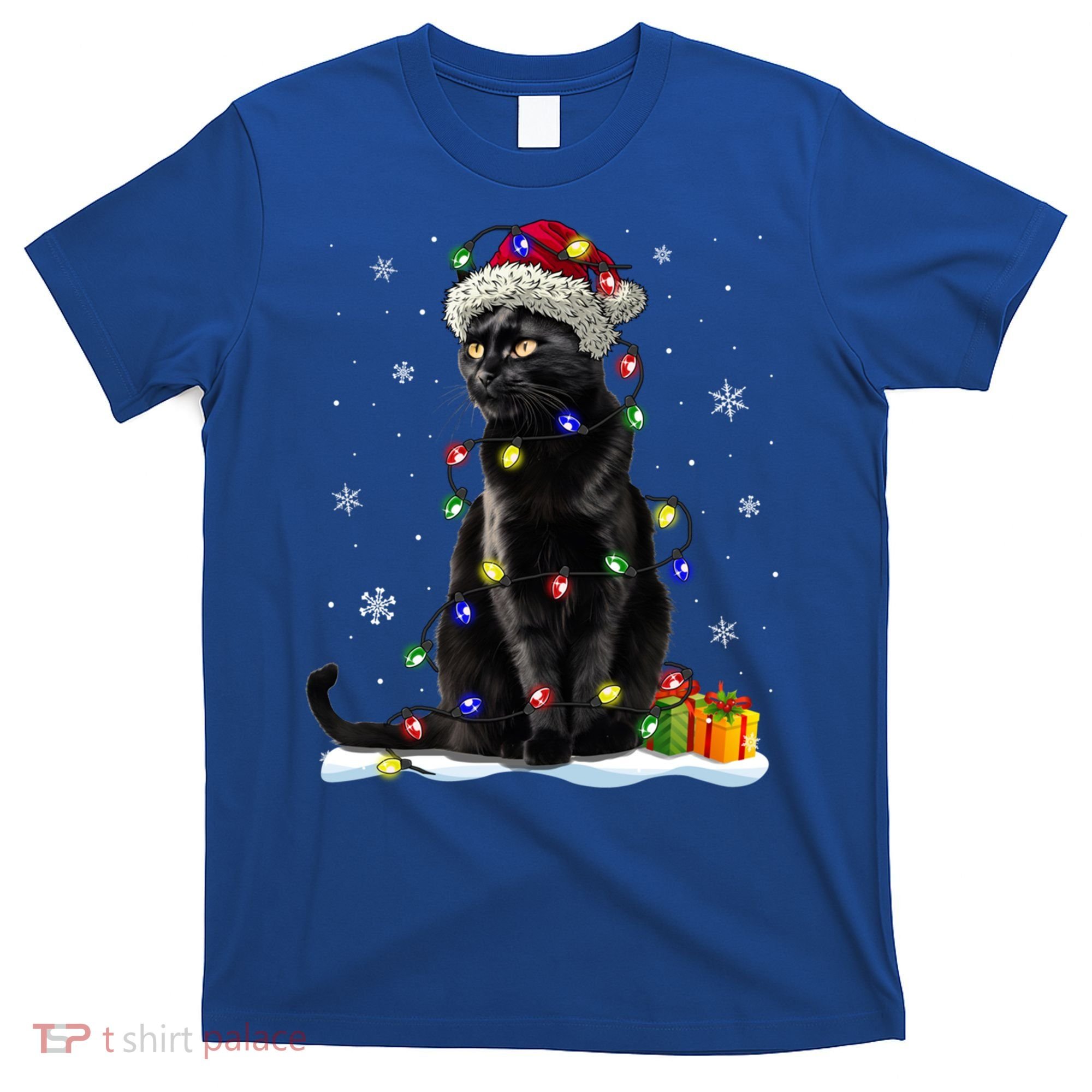 Santa Black Cat Tangled Up In Christmas Tree Lights Holiday Great Gift T-Shirt