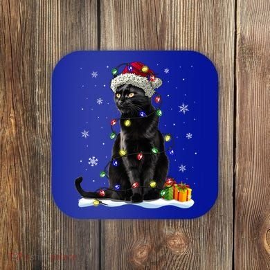 Santa Black Cat Tangled Up In Christmas Tree Lights Holiday Great Gift Coaster