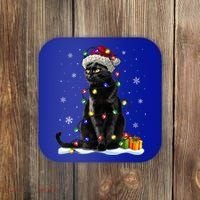 Santa Black Cat Tangled Up In Christmas Tree Lights Holiday Great Gift Coaster thumb 0