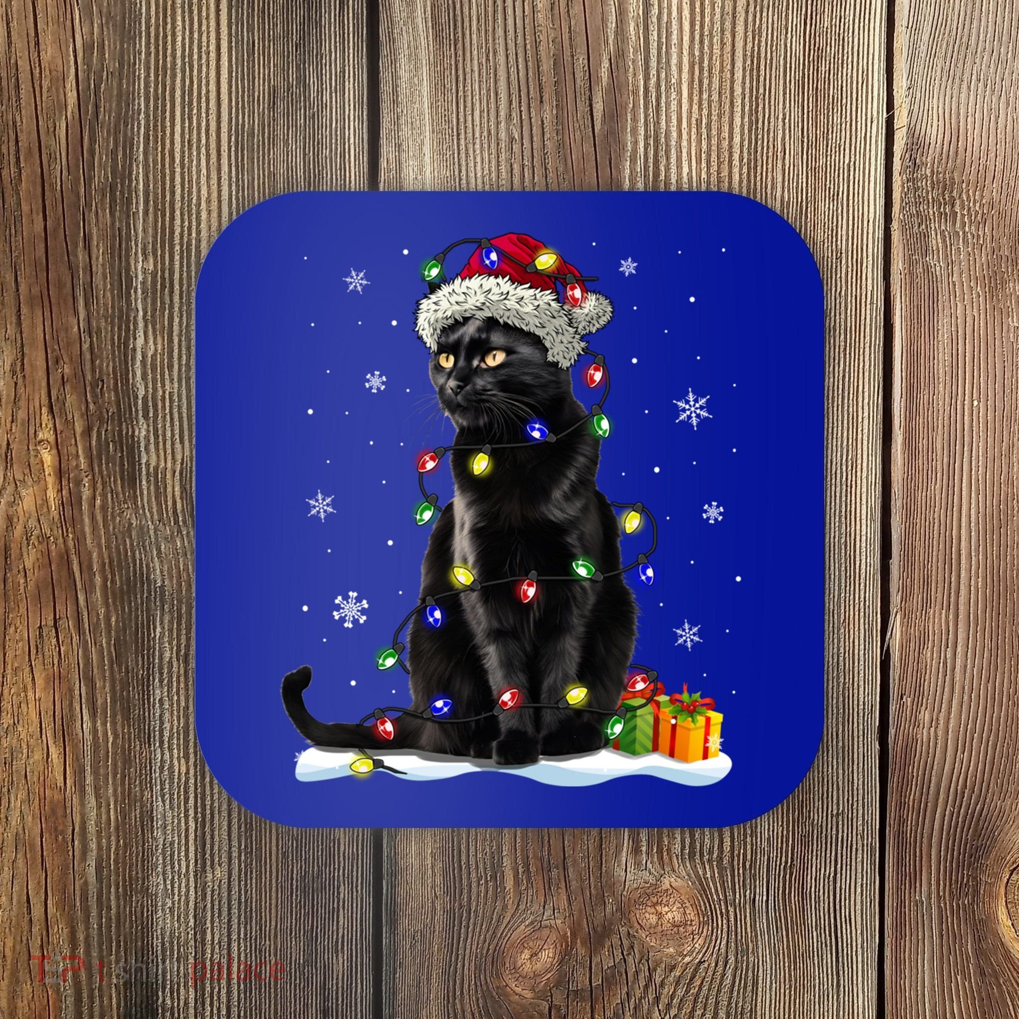 Santa Black Cat Tangled Up In Christmas Tree Lights Holiday Great Gift Coaster