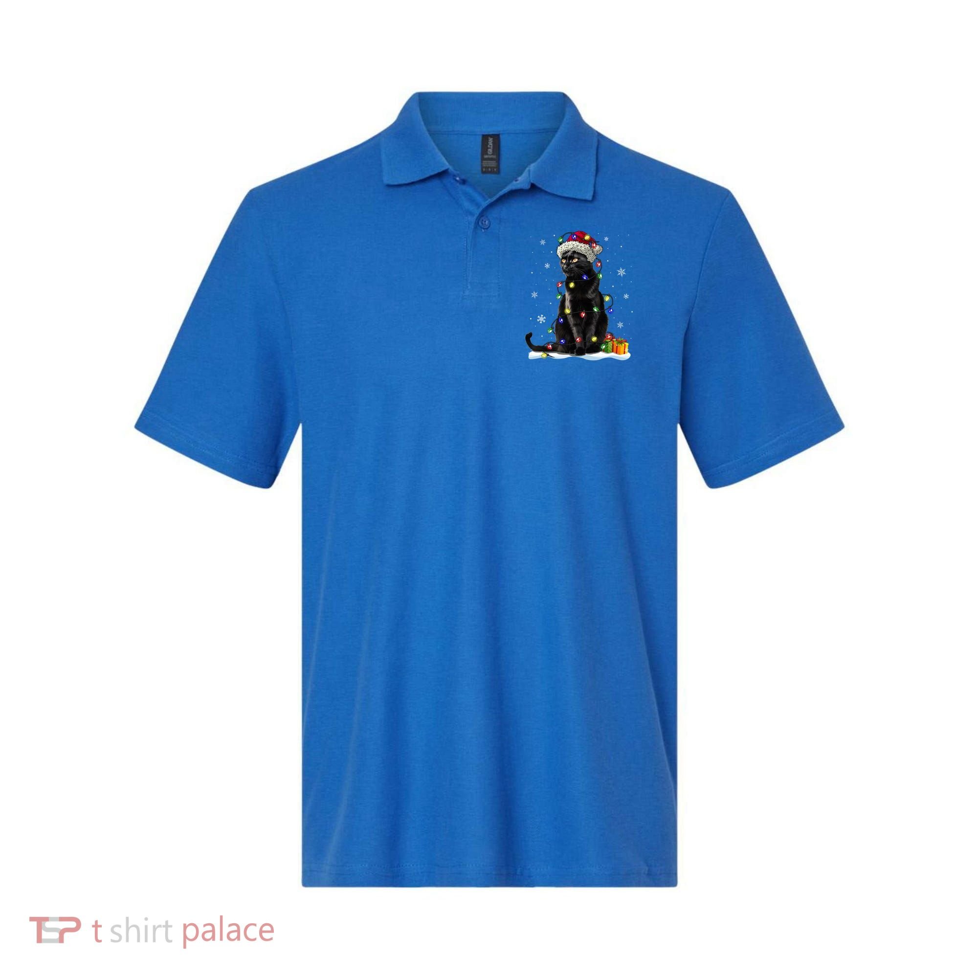 Santa Black Cat Tangled Up In Christmas Tree Lights Holiday Great Gift Polo