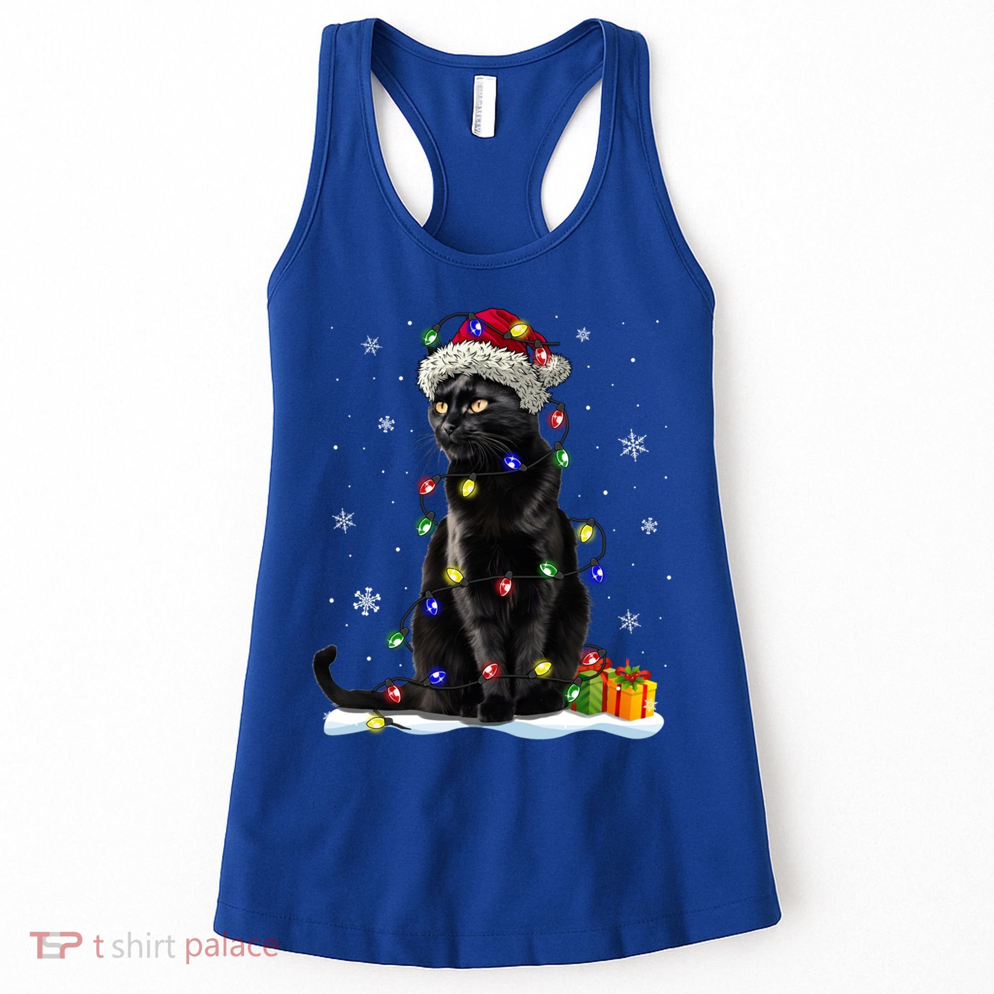 Santa Black Cat Tangled Up In Christmas Tree Lights Holiday Great Gift Women's Tank Top