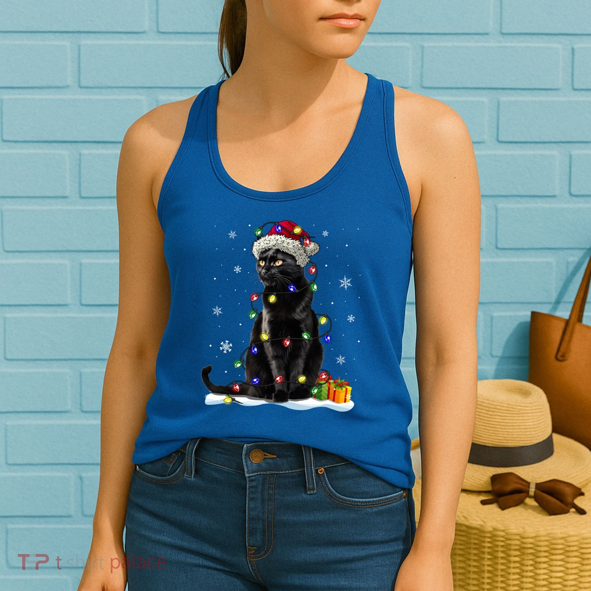 Santa Black Cat Tangled Up In Christmas Tree Lights Holiday Great Gift Women's Tank Top