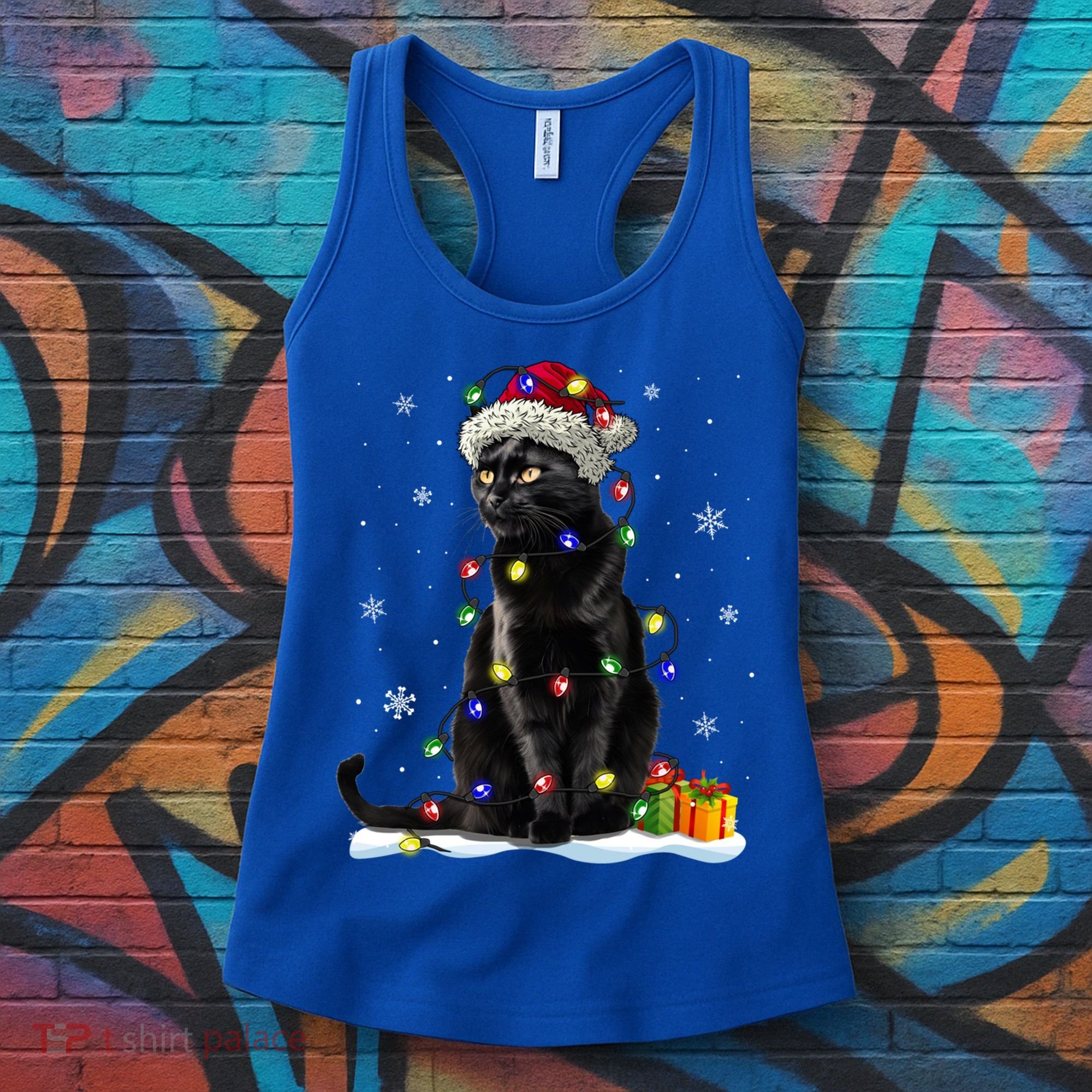 Santa Black Cat Tangled Up In Christmas Tree Lights Holiday Great Gift Women's Tank Top