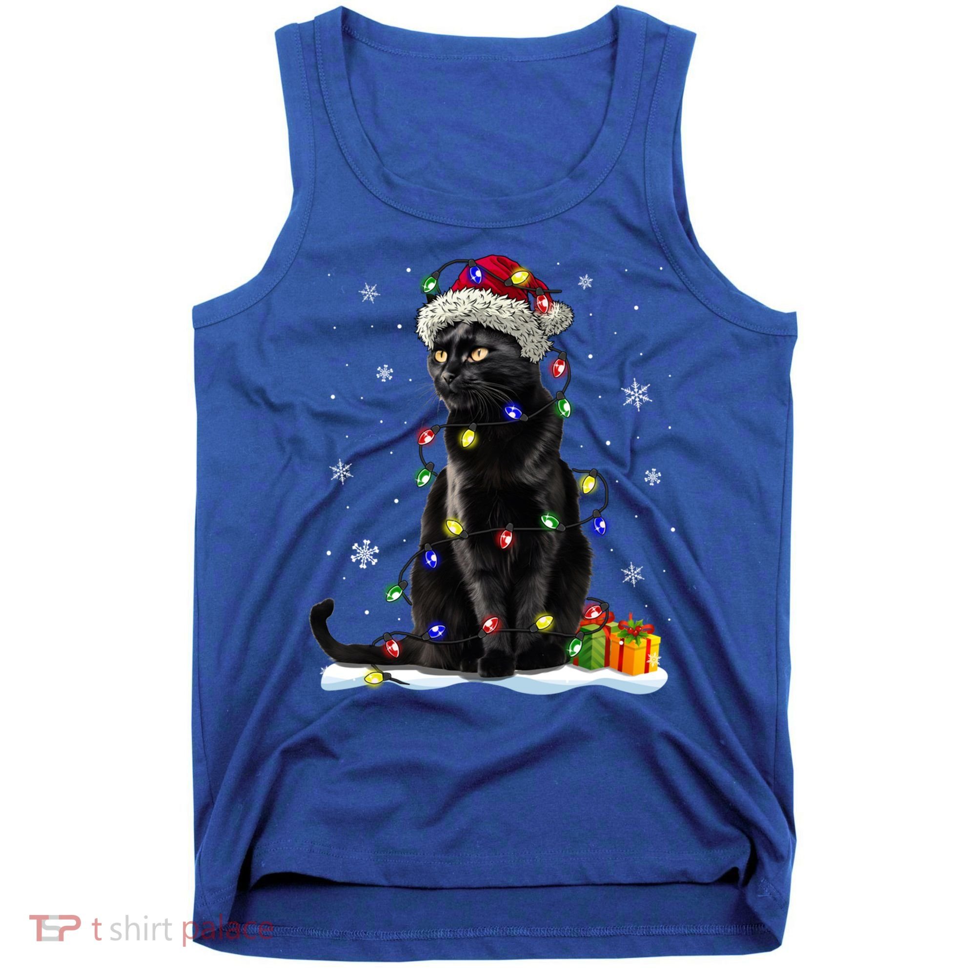 Santa Black Cat Tangled Up In Christmas Tree Lights Holiday Great Gift Tank Top