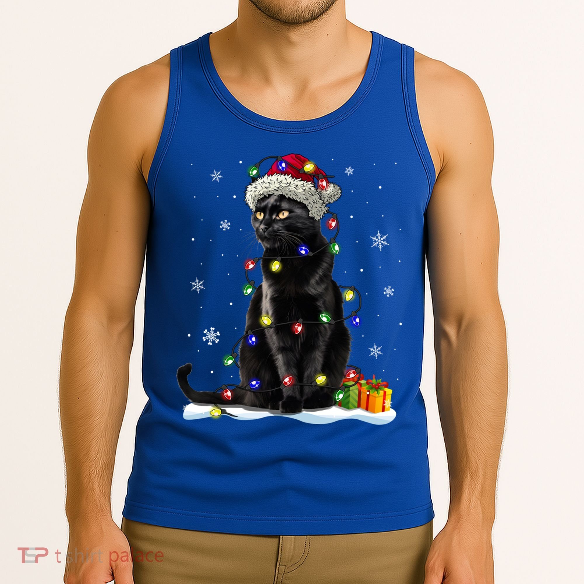 Santa Black Cat Tangled Up In Christmas Tree Lights Holiday Great Gift Tank Top