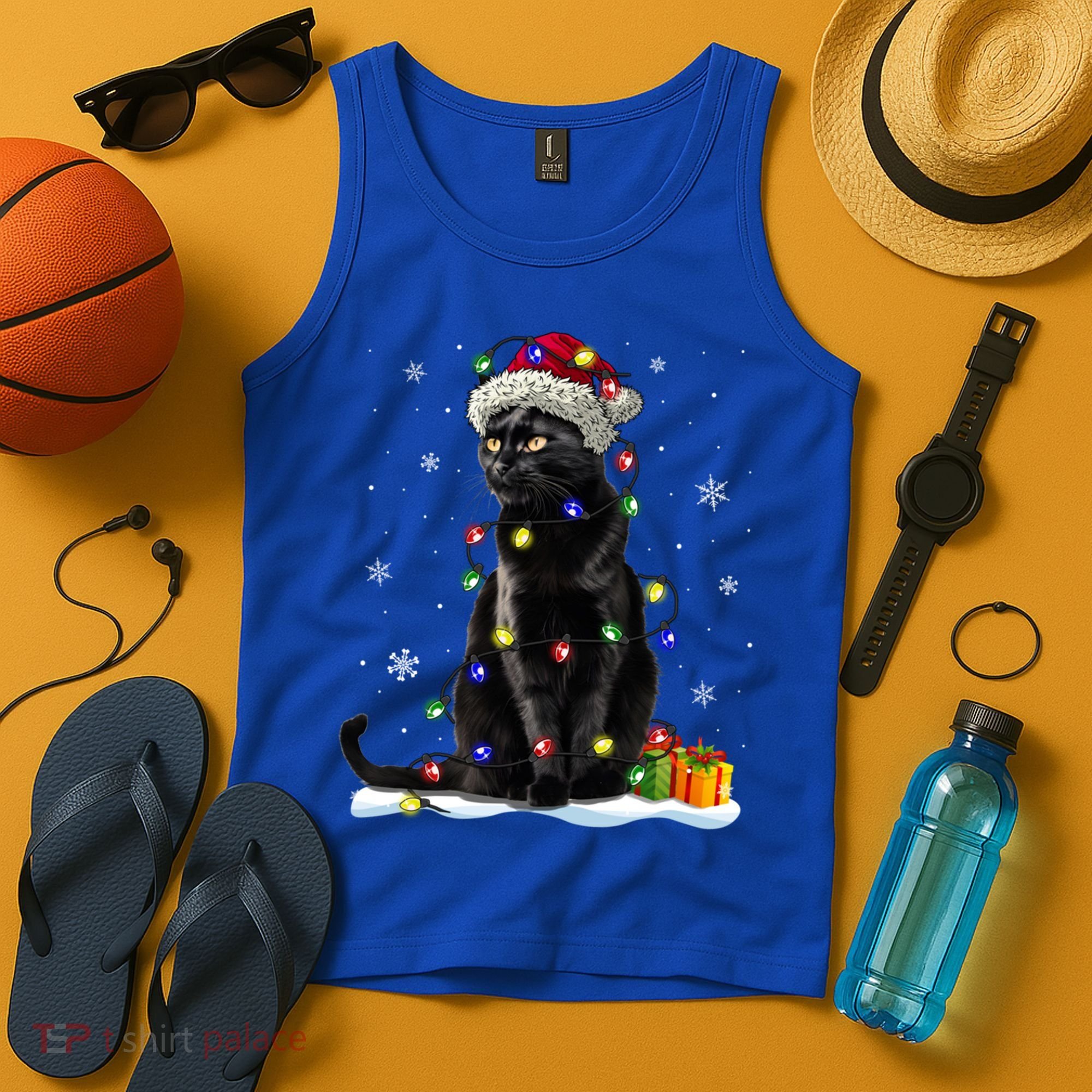 Santa Black Cat Tangled Up In Christmas Tree Lights Holiday Great Gift Tank Top