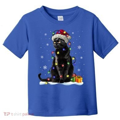 Santa Black Cat Tangled Up In Christmas Tree Lights Holiday Great Gift Toddler T-Shirt