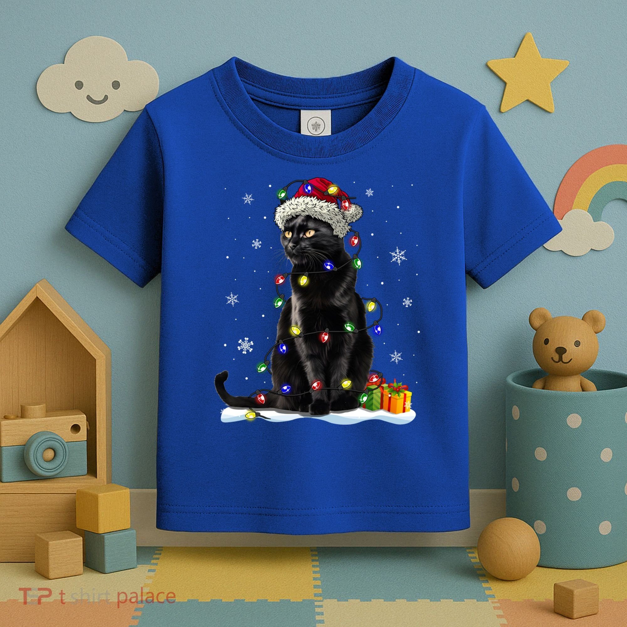 Santa Black Cat Tangled Up In Christmas Tree Lights Holiday Great Gift Toddler T-Shirt