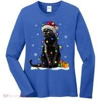 Santa Black Cat Tangled Up In Christmas Tree Lights Holiday Great Gift Women's Long Sleeve Shirt thumb 0
