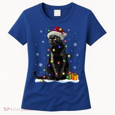 Santa Black Cat Tangled Up In Christmas Tree Lights Holiday Great Gift Women's T-Shirt