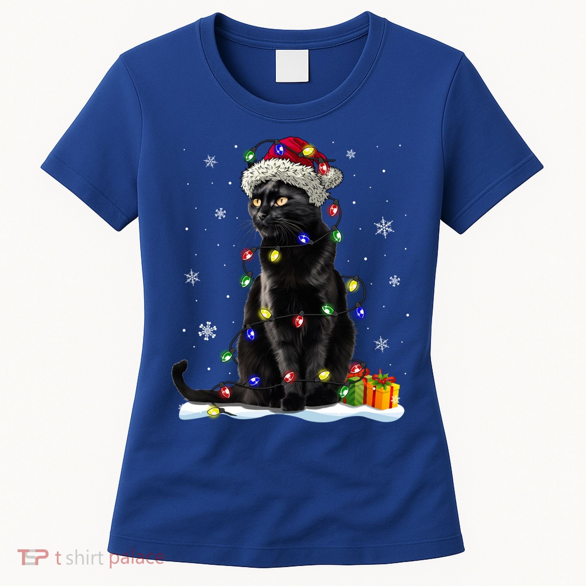 Santa Black Cat Tangled Up In Christmas Tree Lights Holiday Great Gift Women's T-Shirt