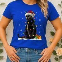 Santa Black Cat Tangled Up In Christmas Tree Lights Holiday Great Gift Women's T-Shirt thumb 2