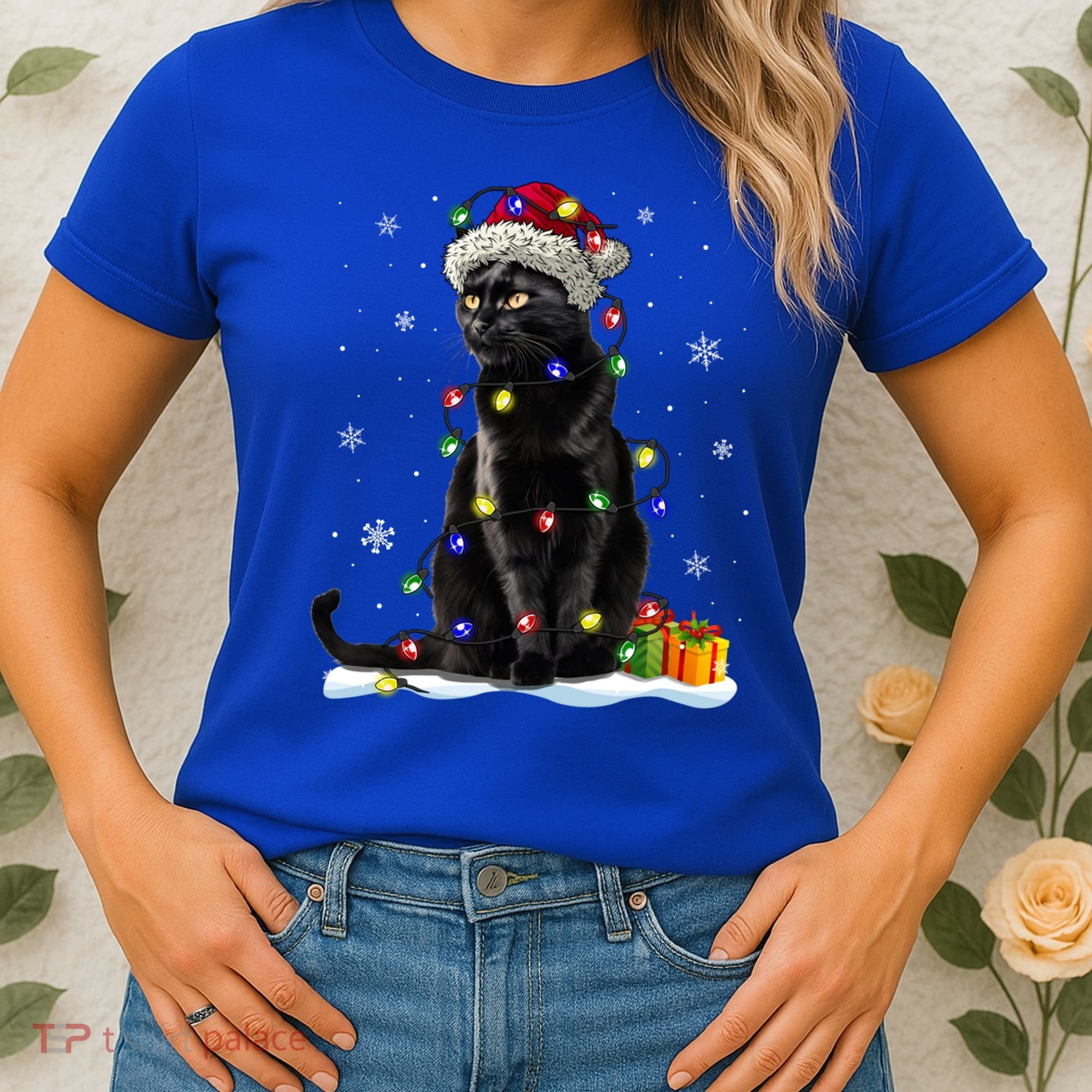 Santa Black Cat Tangled Up In Christmas Tree Lights Holiday Great Gift Women's T-Shirt
