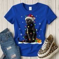 Santa Black Cat Tangled Up In Christmas Tree Lights Holiday Great Gift Women's T-Shirt thumb 3